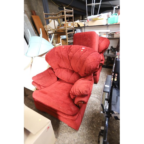 50 - 2 red G Plan armchairs & footstool