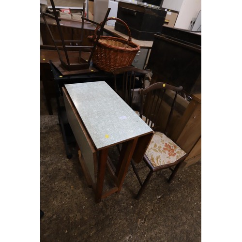 57 - Drop leaf table, 2 chairs, small table, computer desk & basket