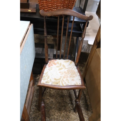 57 - Drop leaf table, 2 chairs, small table, computer desk & basket