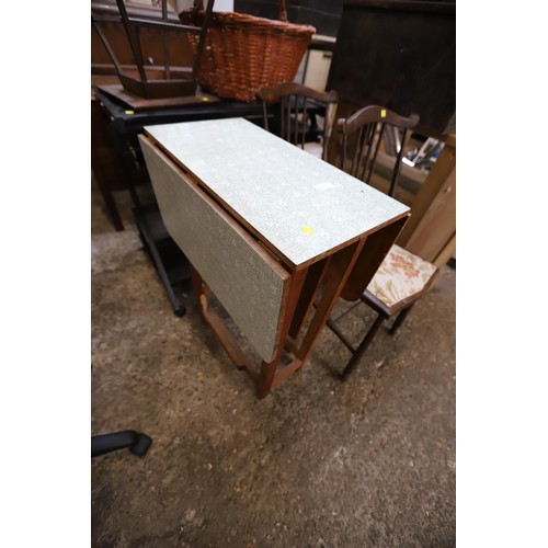 57 - Drop leaf table, 2 chairs, small table, computer desk & basket