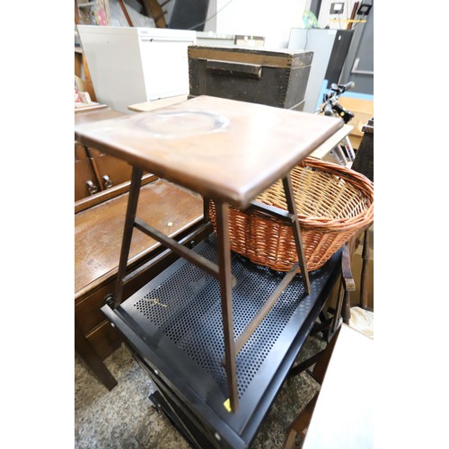 57 - Drop leaf table, 2 chairs, small table, computer desk & basket