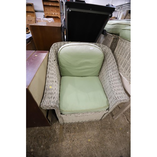 138 - White armchair & 2 stools, green cushion