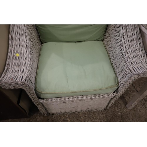 138 - White armchair & 2 stools, green cushion