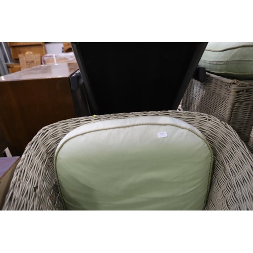 138 - White armchair & 2 stools, green cushion