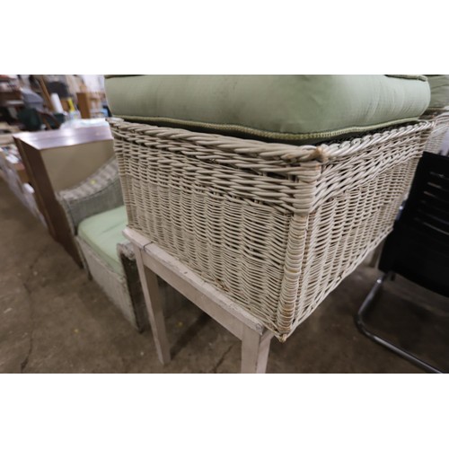 138 - White armchair & 2 stools, green cushion