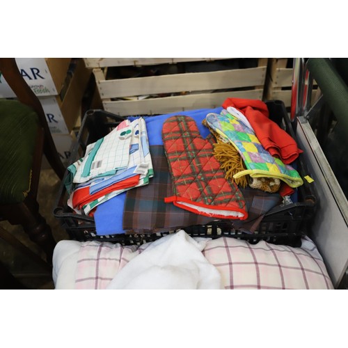 153 - 4 trays, incl blanket, pillows, materials, etc