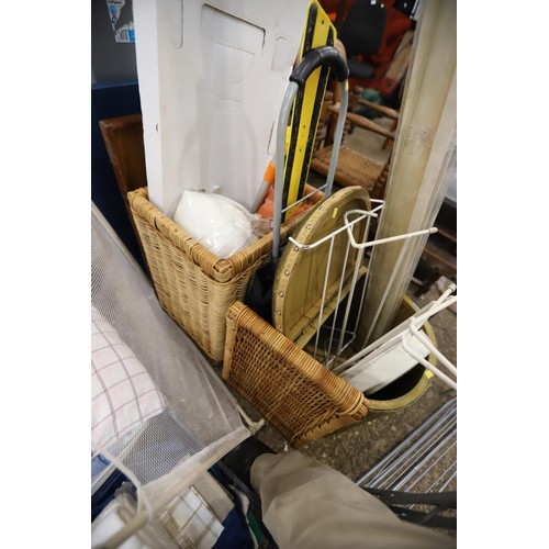 154 - Misc, incl Lloyd Loom, laundry bin, airer, blind, puzzle board, trolley, etc