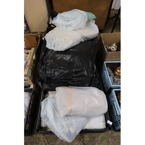 165 - 6 trays of various towels, linen, materials