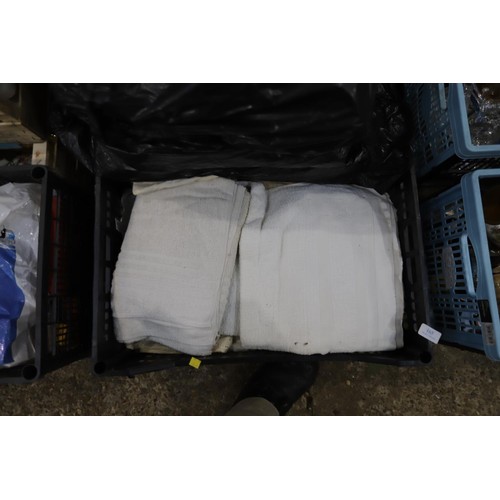 165 - 6 trays of various towels, linen, materials