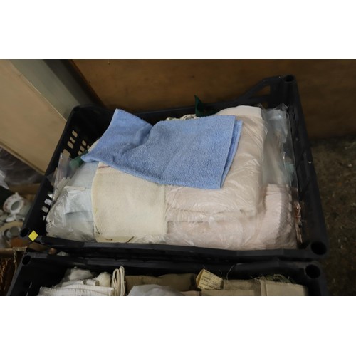 165 - 6 trays of various towels, linen, materials