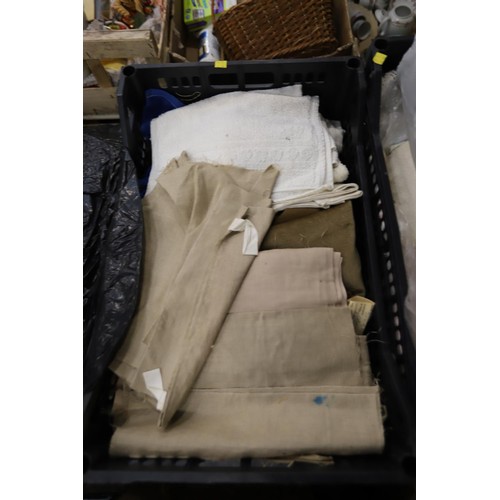 165 - 6 trays of various towels, linen, materials