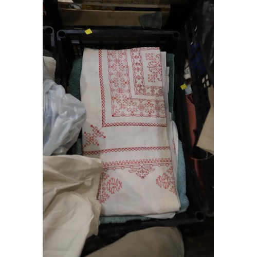 165 - 6 trays of various towels, linen, materials