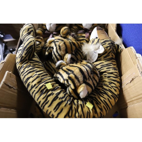 177 - Box containing 2 pairs of novelty tiger slippers & draft excluder