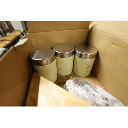 214 - 3 canisters, knife block, cutlery & utencils, leather handbag