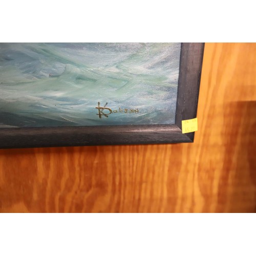 466 - Oil painting of ships at sea, signed K Dobson