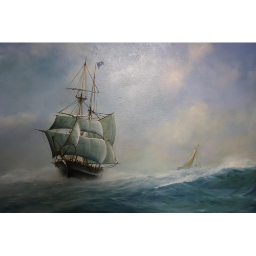 466 - Oil painting of ships at sea, signed K Dobson