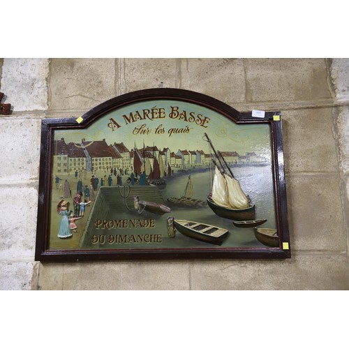 469 - Large wooden advertising plaque with a Victorian scene in 3D