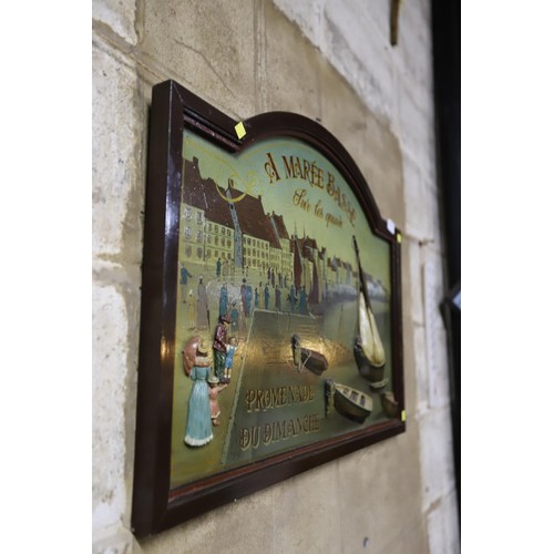 469 - Large wooden advertising plaque with a Victorian scene in 3D