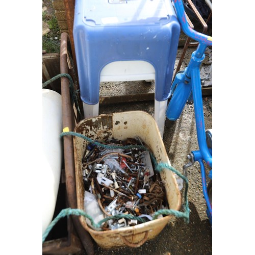 45 - Wooden crate, 2 stools, metal bucket of screws, towel rail, etc Nb boat fender is in previous lot!