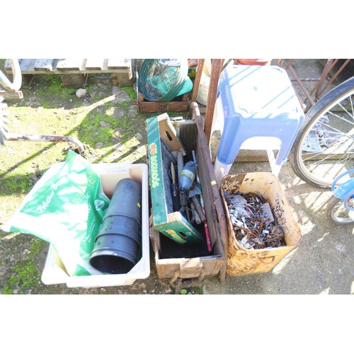 45 - Wooden crate, 2 stools, metal bucket of screws, towel rail, etc Nb boat fender is in previous lot!