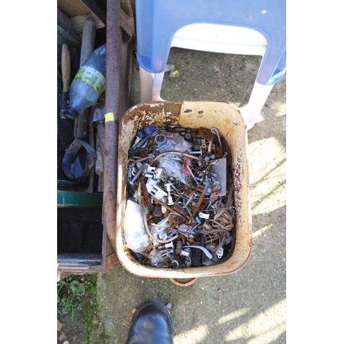 45 - Wooden crate, 2 stools, metal bucket of screws, towel rail, etc Nb boat fender is in previous lot!