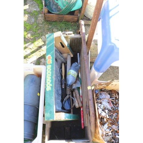 45 - Wooden crate, 2 stools, metal bucket of screws, towel rail, etc Nb boat fender is in previous lot!