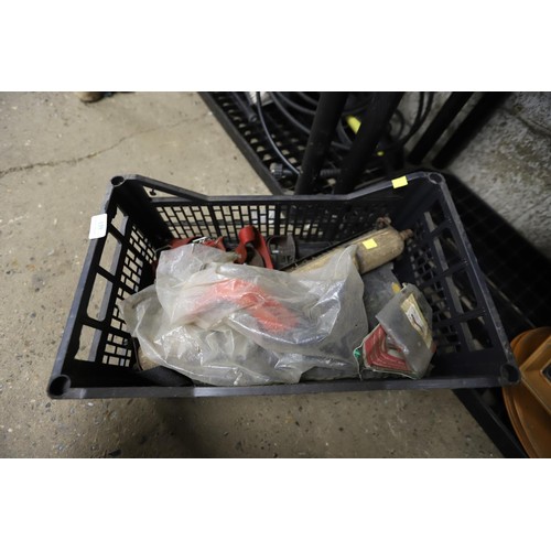 112 - Box - 2 switch box for electric mowers, wooden front roller for cylinder mower, straps for strimmer