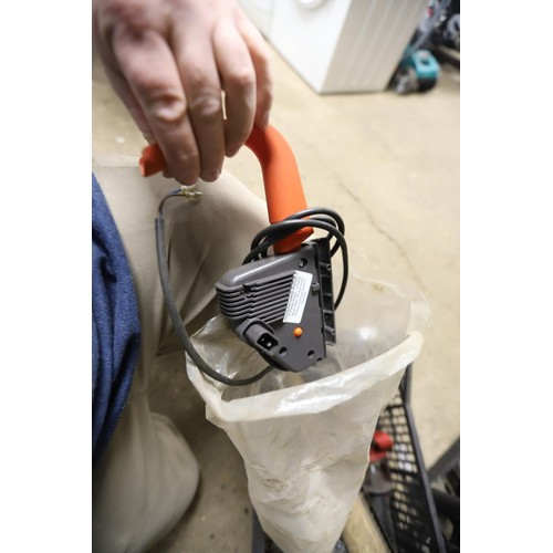 112 - Box - 2 switch box for electric mowers, wooden front roller for cylinder mower, straps for strimmer