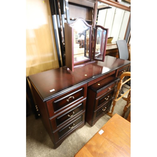 568 - Dark wooden dressing table with triple mirror, bedside chest, headboard