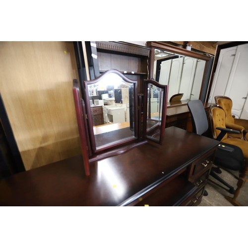 568 - Dark wooden dressing table with triple mirror, bedside chest, headboard