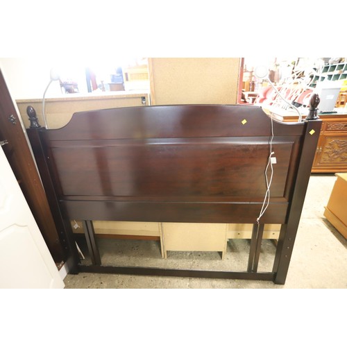 568 - Dark wooden dressing table with triple mirror, bedside chest, headboard