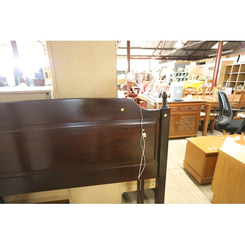 568 - Dark wooden dressing table with triple mirror, bedside chest, headboard