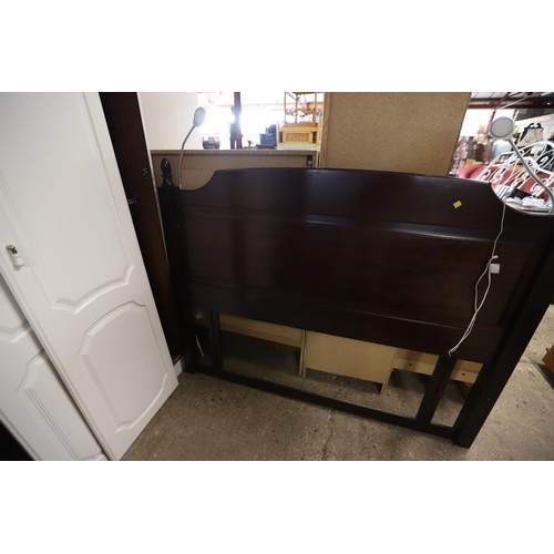 568 - Dark wooden dressing table with triple mirror, bedside chest, headboard