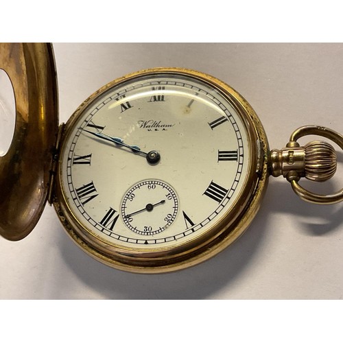 388 - Hallmarked 9ct gold case Waltham USA pocket watch