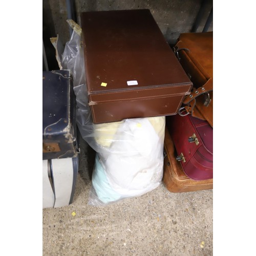 111 - 6 suitcases of various linen & 3 boxes of duvets, etc & a bag of various coat hangers, etc