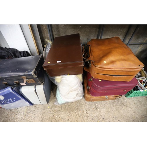 111 - 6 suitcases of various linen & 3 boxes of duvets, etc & a bag of various coat hangers, etc