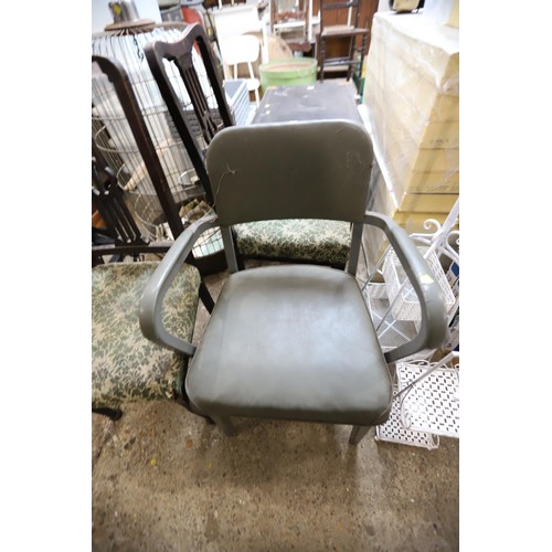 131 - Pair of dining chairs & 1 metal framed open arm chair