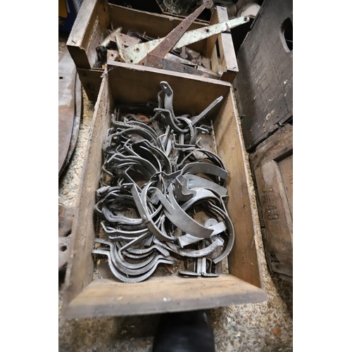 171 - Pair of large gate hinges, 2 boxes of hinges & antique guttering holders