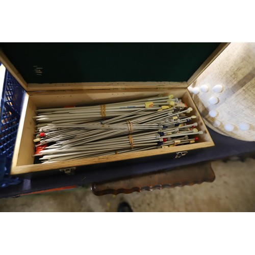 193 - Maroon velvet sewing box, contents, box of knitting needles