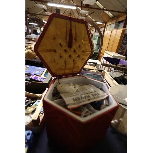 193 - Maroon velvet sewing box, contents, box of knitting needles