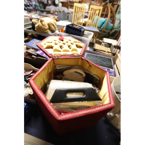 193 - Maroon velvet sewing box, contents, box of knitting needles