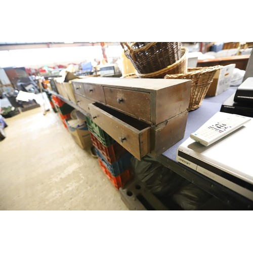 199 - Antique wooden hanging shelf comprising of too long and three short drawers