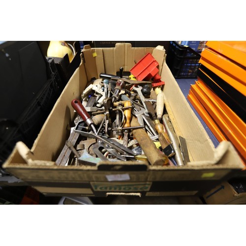 211 - Box of assorted tools, incl clamp, small plane, chisels, etc