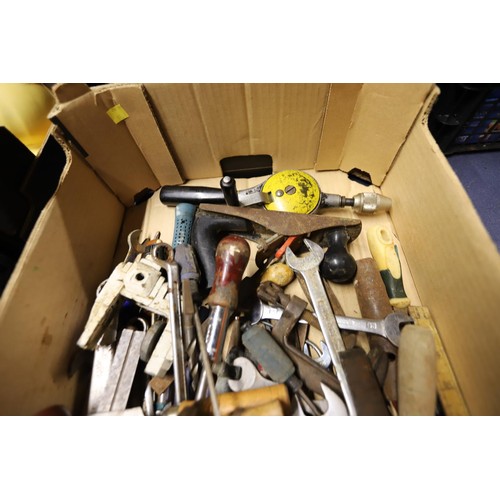 211 - Box of assorted tools, incl clamp, small plane, chisels, etc