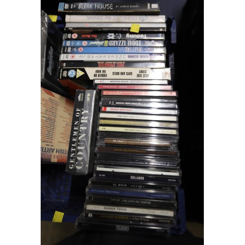 218 - Tray of misc DVD's/CD's, incl unopened box sets - queen & status quo