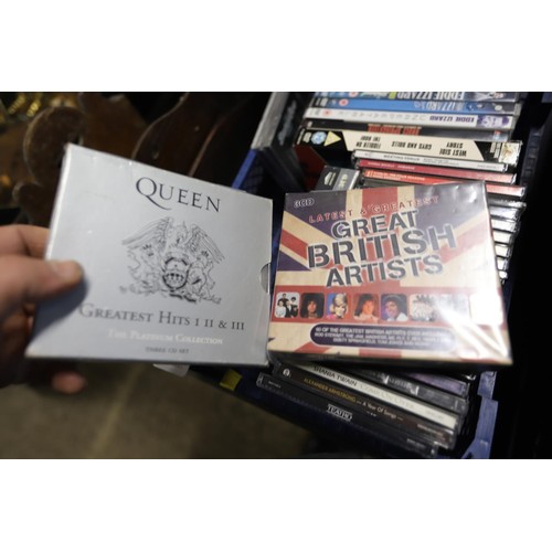 218 - Tray of misc DVD's/CD's, incl unopened box sets - queen & status quo