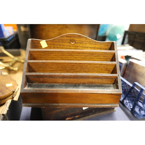 219 - Antique wood magazine holder, 2 desk tidies & wooden tray