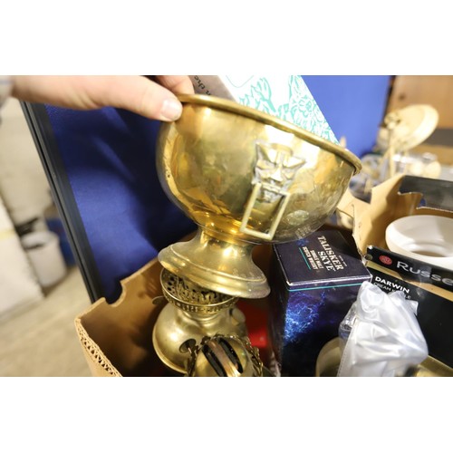 233 - Box of brass items, 2 oil lmps with glass, plant holders & engraved box