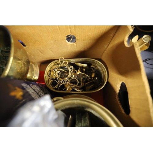 233 - Box of brass items, 2 oil lmps with glass, plant holders & engraved box