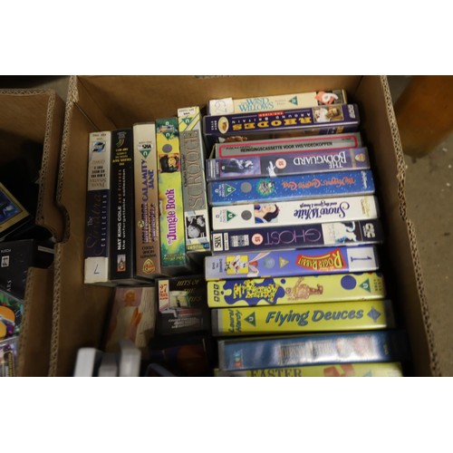 249 - 2 boxes of VHS, tapes & CDs